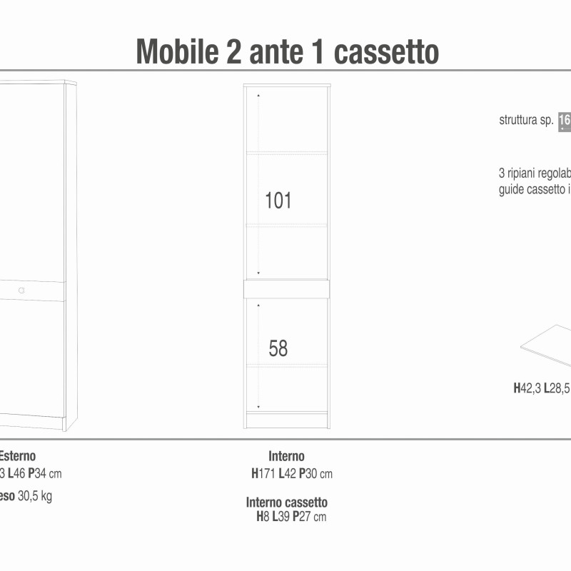 TRACK - mobile colonna portaoggetti a due ante ed un cassetto