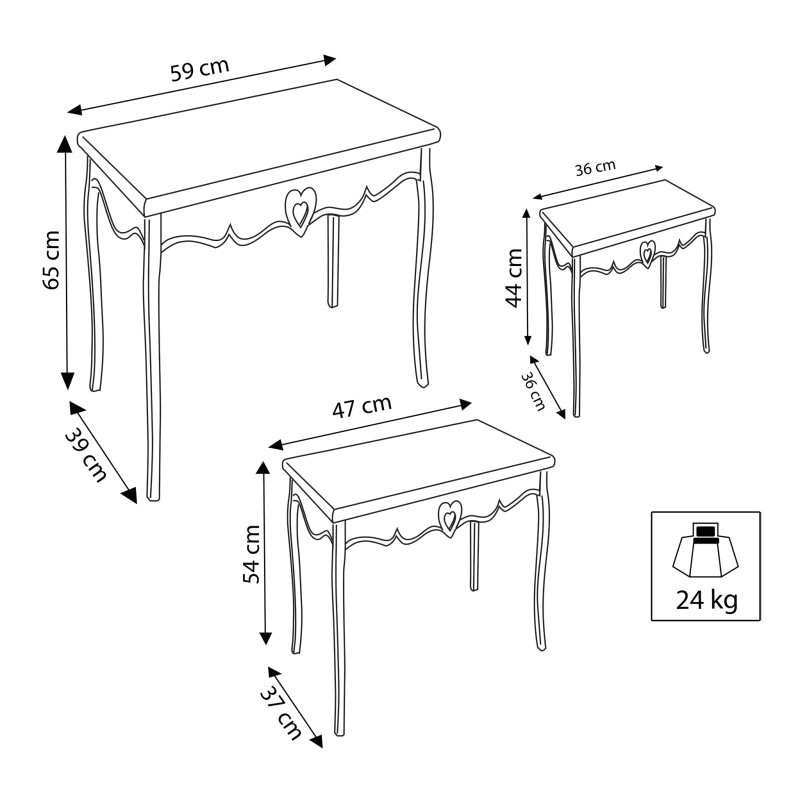 ROLAND - set 3 tavolini in legno di paulownia shabby chic