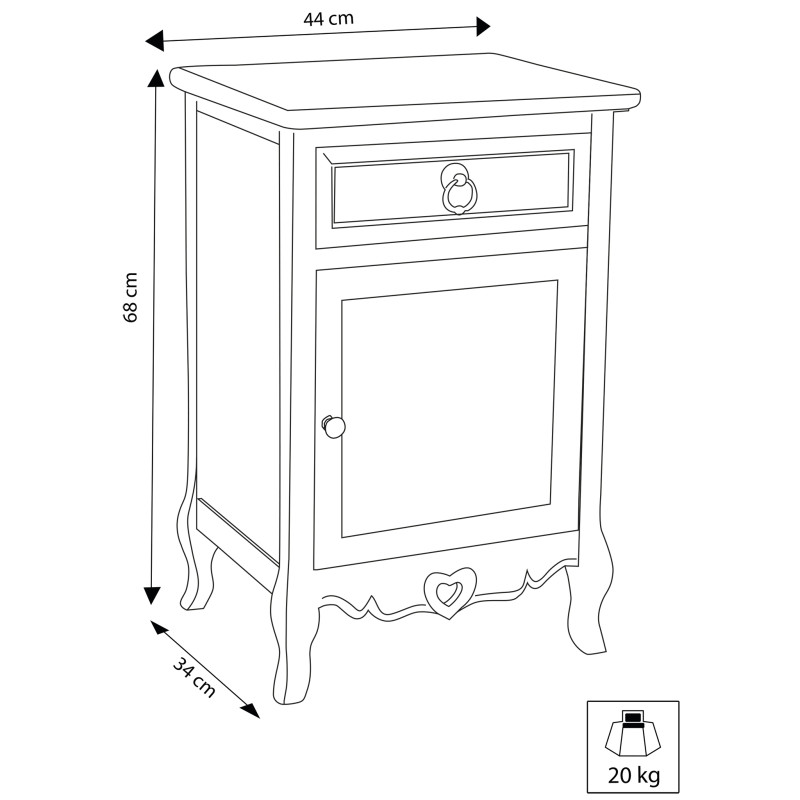 BERNADETTE - mobiletto 1 cassetto 1 anta in legno di paulownia shabby chic