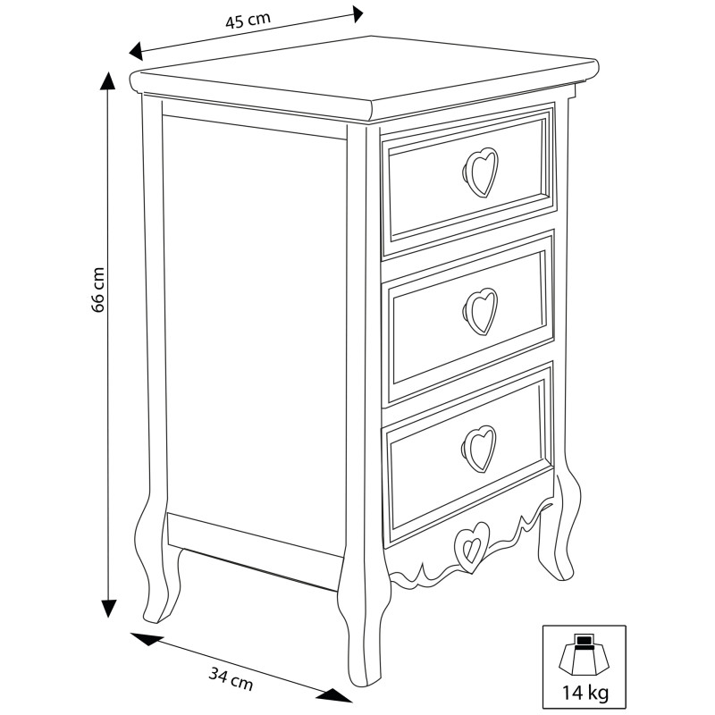 BRIGITTE - mobiletto 3 cassetti in legno di paulownia shabby chic