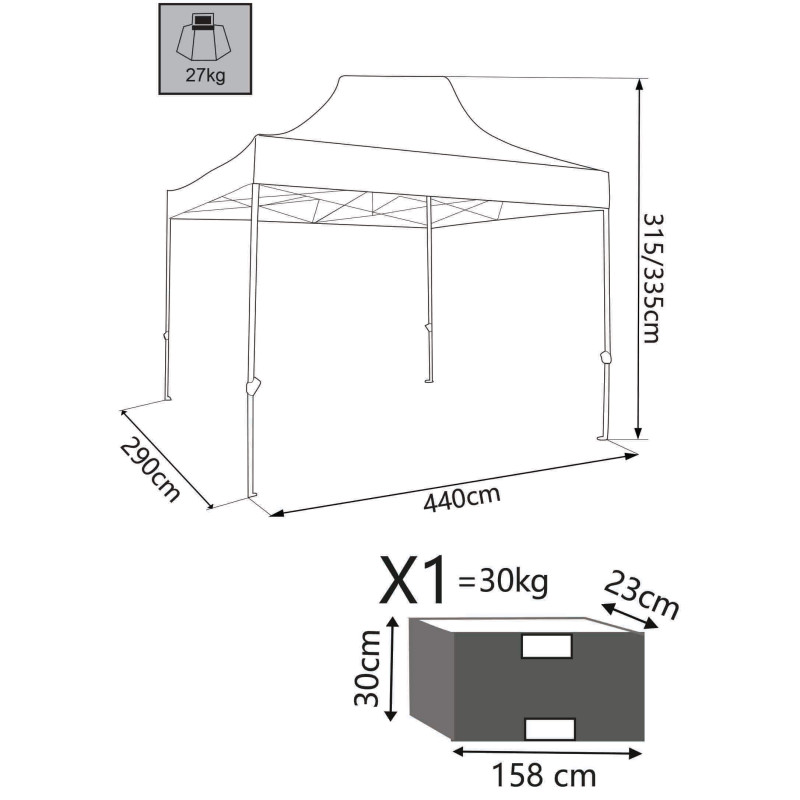 DIADEMA - gazebo pieghevole e richiudibile completo di sacca protettiva in acciaio 3 x 4,5 m