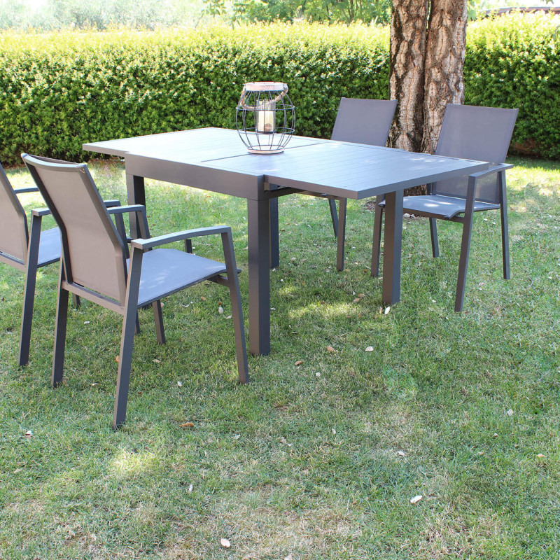 JERRI - set tavolo in alluminio cm 90/180 x 90 x 75 h con 4 poltrone Lotus
