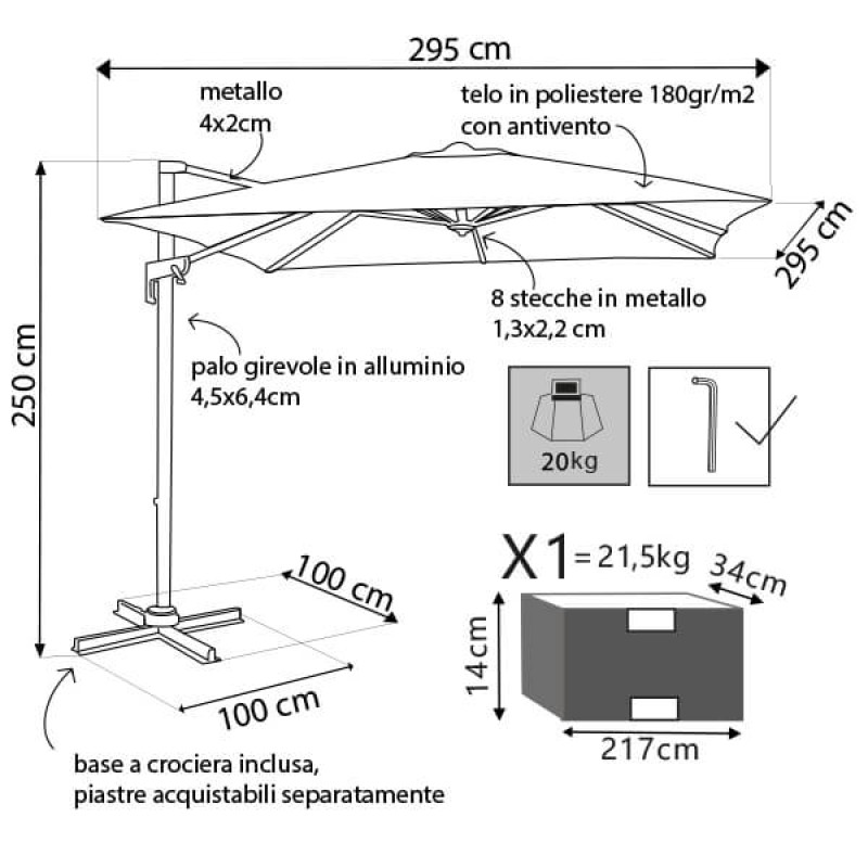 VOLTA - ombrellone da giardino decentrato 3 x 3