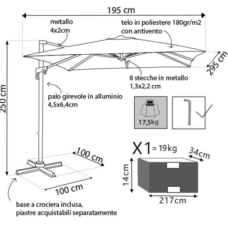 VOLTA - ombrellone da giardino decentrato 2 x 3