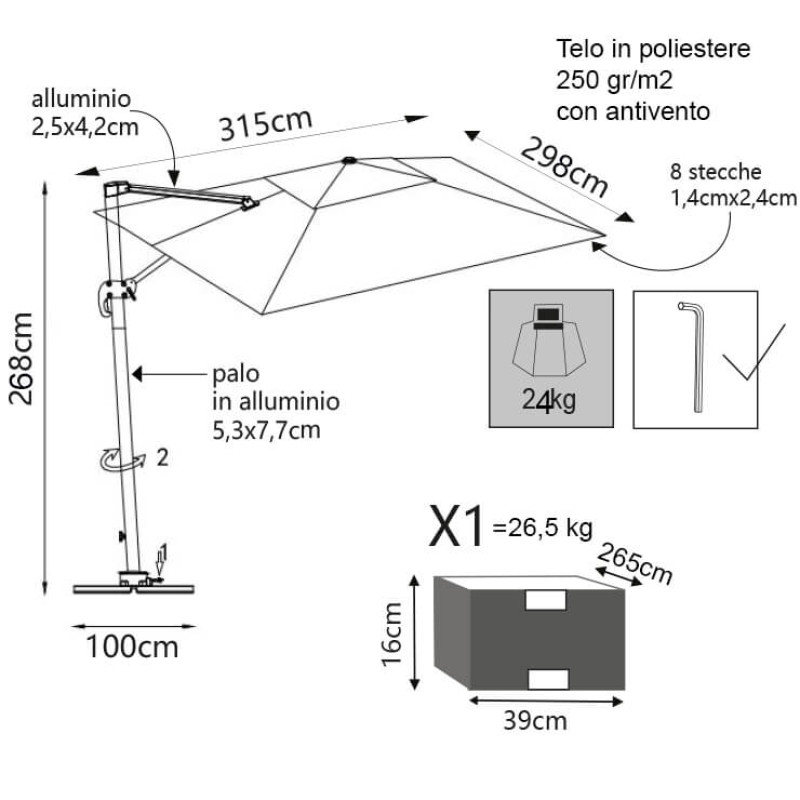 TESLA - ombrellone da giardino decentrato con led 3 x 4