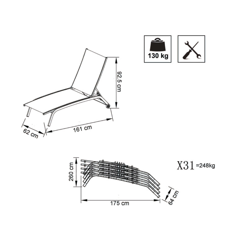 FELES - lettino da giardino impilabile in alluminio e textilene imbottito