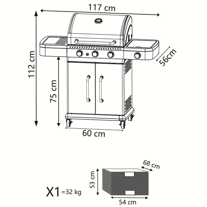 PIROS - barbecue a gas 3 fuochi + 1 esterno in acciaio inox