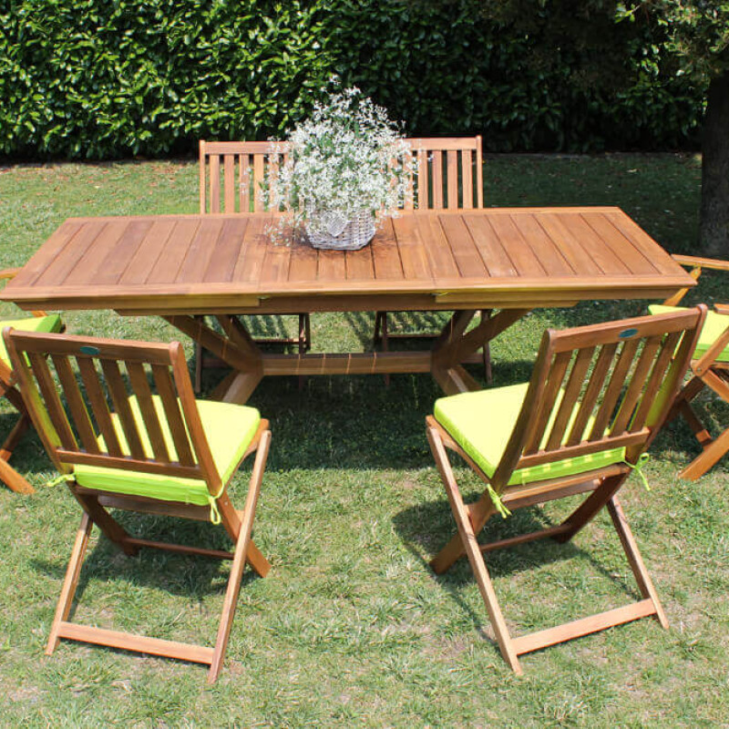 CAESAR - set tavolo in alluminio e teak cm 150/200 x 90 x 78 h con 6 sedie e 2 poltrone Dresda