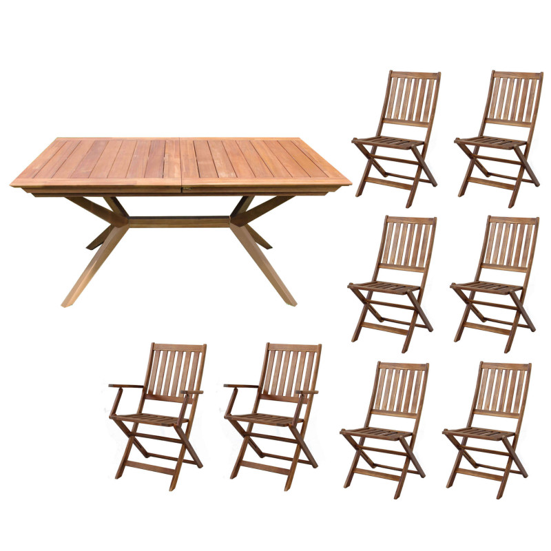 CAESAR - set tavolo in alluminio e teak cm 150/200 x 90 x 78 h con 6 sedie e 2 poltrone Dresda