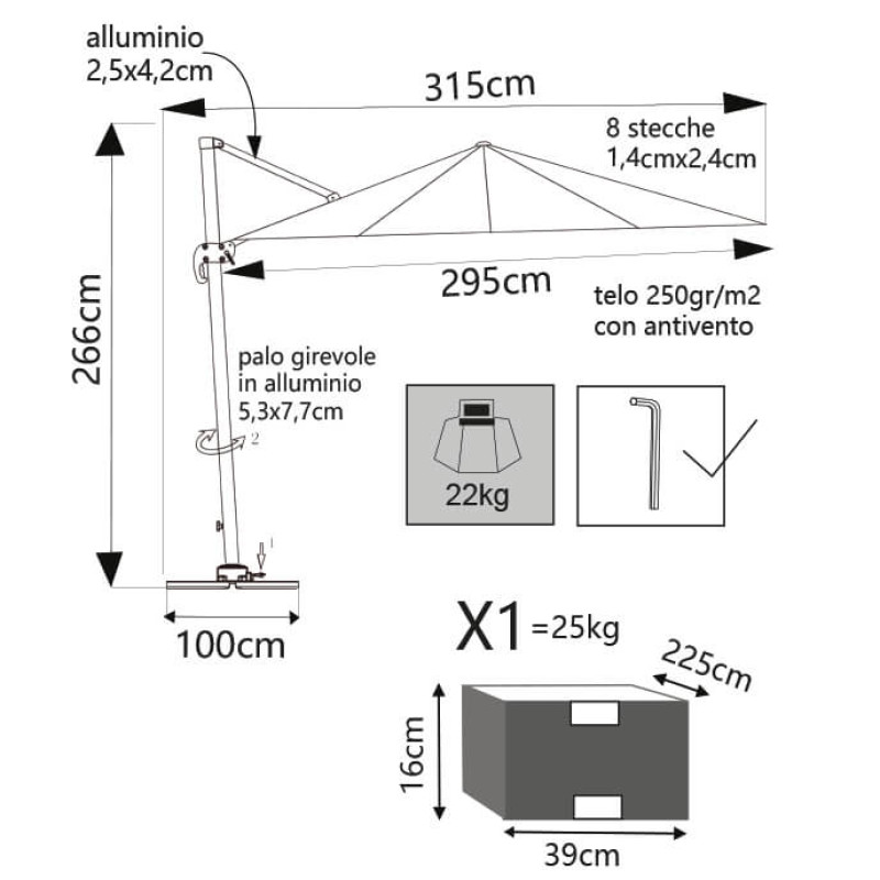 BACTRUS - ombrellone da giardino decentrato 3 x 3 m