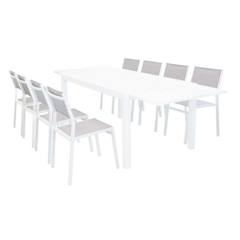 DEXTER - set tavolo in alluminio cm 160/240 x 90 x 75 h con 8 sedie Aulus