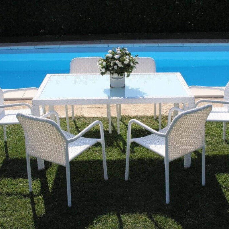 AXONA - set tavolo in alluminio e teak cm 150 x 90 con 6 poltrone Axona