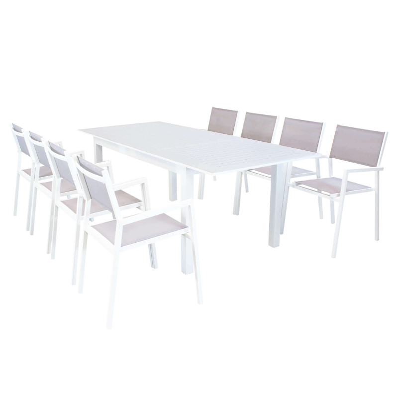 ARGENTUM - set tavolo in alluminio e teak cm 150/210 x 90 x 75 h con 8 poltrone Aulus
