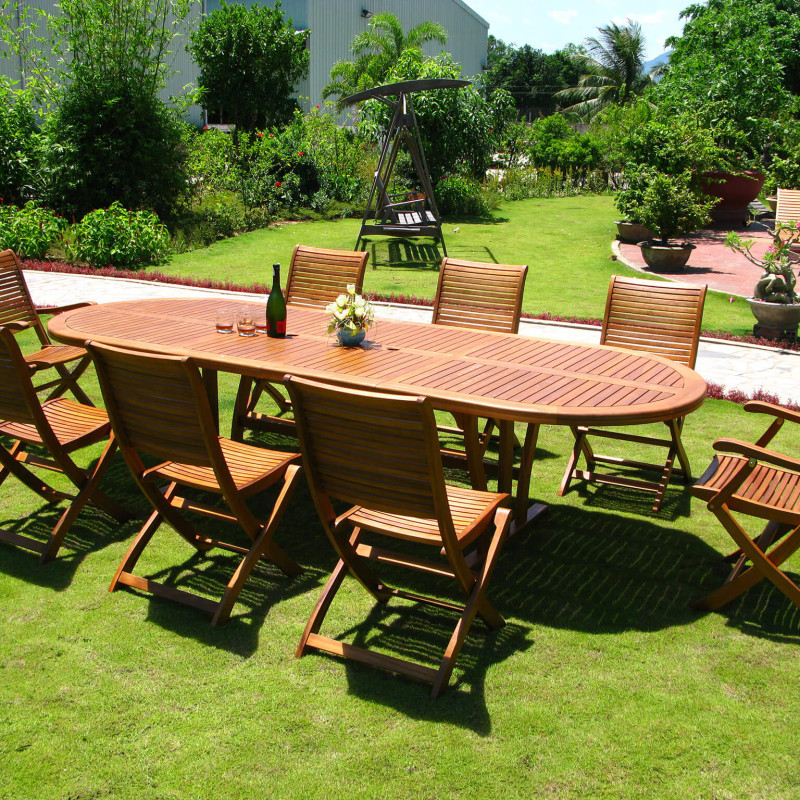 GENIUS - set tavolo in alluminio e teak cm 200/250/300 x 110 x 74 h con 8 sedie e 2 poltrone Mulier