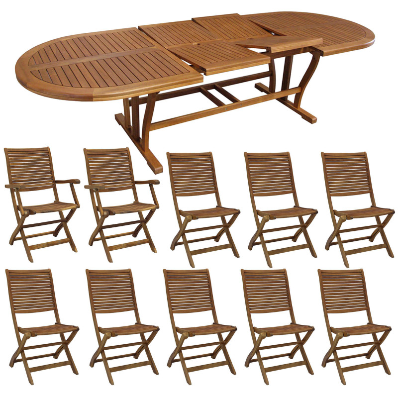 GENIUS - set tavolo in alluminio e teak cm 200/250/300 x 110 x 74 h con 8 sedie e 2 poltrone Mulier